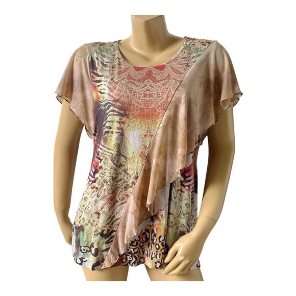 ONE WORLD Womens Size XL Dolman Sleeve Ruffle Crochet Trim Boho Tribal Shirt Top - Picture 1 of 7